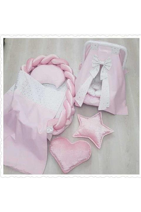Hayalperest Örgü Babynest Pembe, Gümüş Varak Yıldızlı Sekizli Set