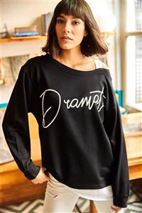 Olalook Kadın Siyah Dramatik Baskılı Omuz Detaylı Sweatshirt SWT-19000528