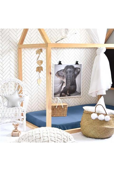 BİRLİK1952 Poplin Pamuklu Bebek Çocuk Lastikli Çarşaf Indigo Mavi