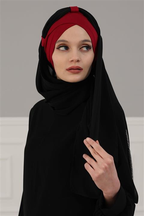 Biriz Moda Penye Boneli Şifon Şal Bordo - Siyah