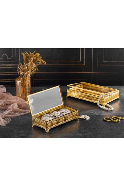 Zeyve Inci Dikdörtgen Sunumluk Cam Kapaklı Çikolata Ve Takı Kutusu Küçük Aynalı Sandık Altın