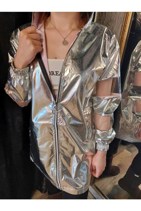 Asist Kadın Metalik Transparan Detaylı Kapüşonlu Yağmurluk