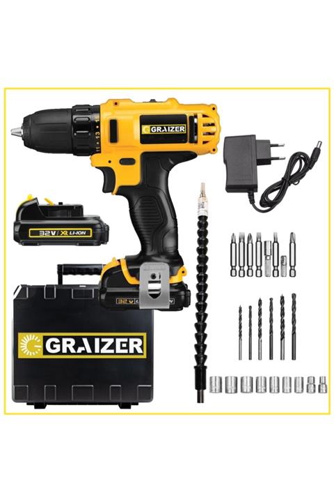 Graizer S-32 V 5 Ah Darbeli Çift Akülü Şarjlı Vidalama Matkap + 24 Parça Set Sari Ek