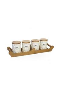 ACAR Bambu Stand 4 Lü Vakum Bambu Kapak Porselen Kavanoz Seti