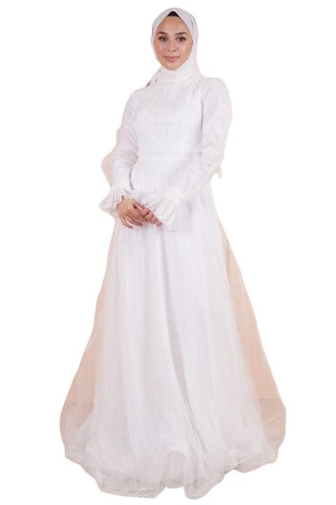 SpringStore Kadın  Beyaz Dantel Tesettür Abiye