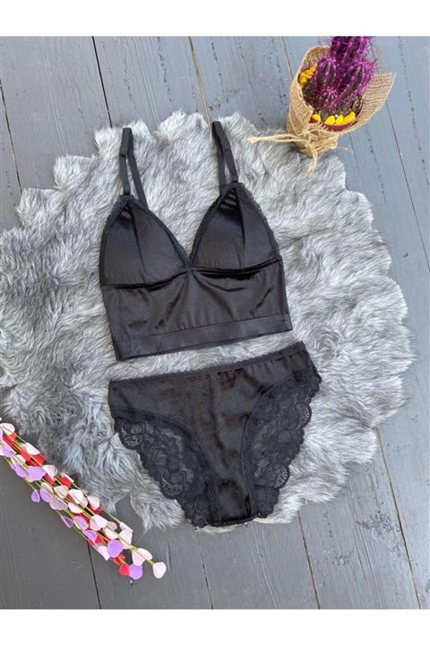 MOOİ Kadın Siyah Kadife Soft Büstiyer Takımı