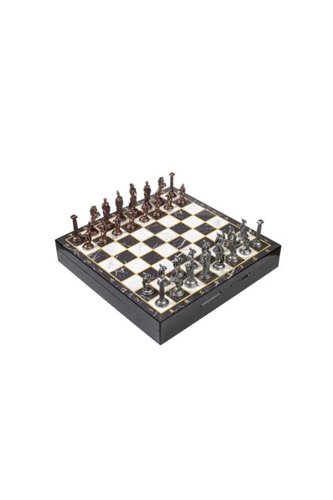 elife shop Lüks Metal Satranç Takımı Atlantis Ordusu Krom Kaplama & Mermer Desenli Saklama Sandığı 37 X 37 Cm.