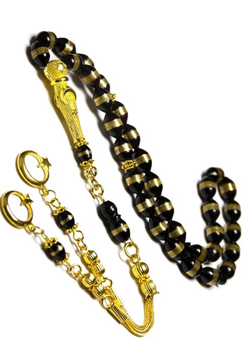 OTTOTESBİH Altın Kaplama Gümüş Püsküllü Ayyıldız Model 7x11mm Işlemeli Kuka Tesbih