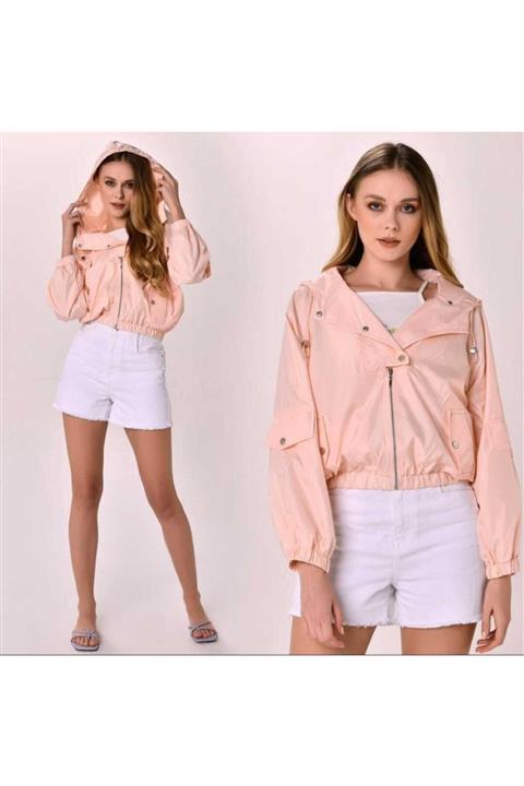 ebrulim takı Kapişonlu Pembe Kısa Yağmurluk M Beden