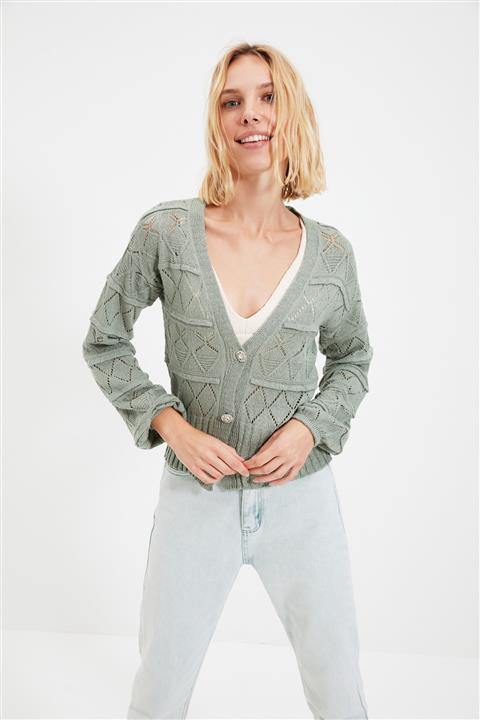 TRENDYOLMİLLA Mint Ajurlu Mücevher Düğme Detaylı Triko Hırka TWOAW22HI0011