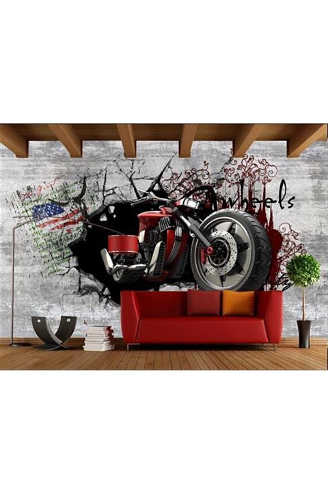 Renkli Duvarlar Kırmızı Motosiklet Özel Tasarım Duvar Kağıdı 4.00x2.30