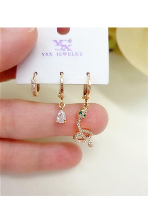 FY AKSESUAR 3 Lü Taşlı Küpe Seti