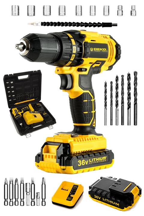 DEKOPRO POWER TOOLS Alman Darbeli 36 V 5 Ah Metal Şanzuman Şarjlı Vidalama Matkap + 24 Parça Set