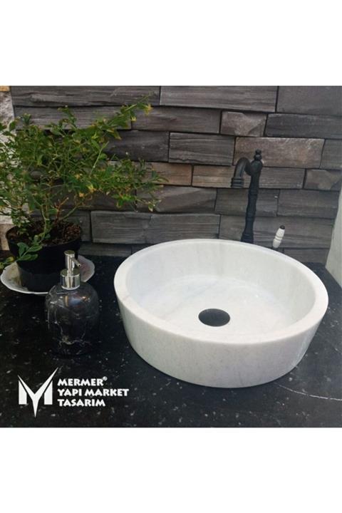 MYM Mermer Yapı Market Tasarım Beyaz Mermer Silindir Çanak Lavabo