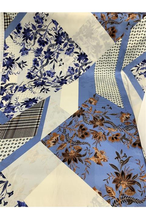 ALTUN TEKSTİL Mavi Beyaz Desenli Ipek Saten Kumaş (150 Cm En)