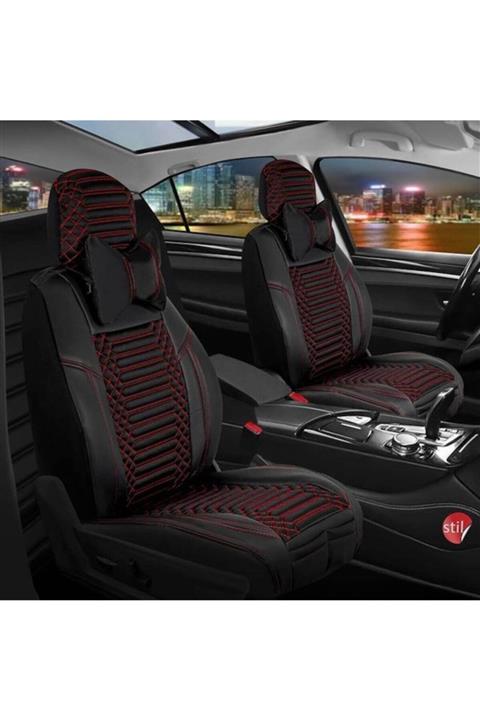 Stil Opel Grandland X Lüks Deri Oto Koltuk Kılıfı Ön/arka Set Exclusive Siyah Kırmızı