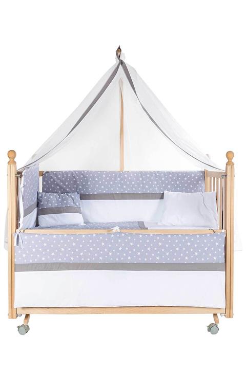 Baby Tech Klasik Anne Yanı Kademeli Naturel Beşik 60x120 - Tekerlekli + Gri Yıldızlı Uyku Seti