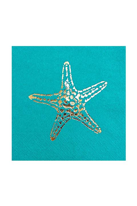 Story 33x33 Cm Altın Varak Deniz Yıldızı Desenli 16'lı Turkuaz Mavi Renkli Kağıt Peçete