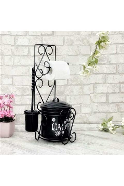 Yıldıray Metal Ferforje Standlı Çöp Kovası Tuvalet Kağıdı ve Fırça Seti