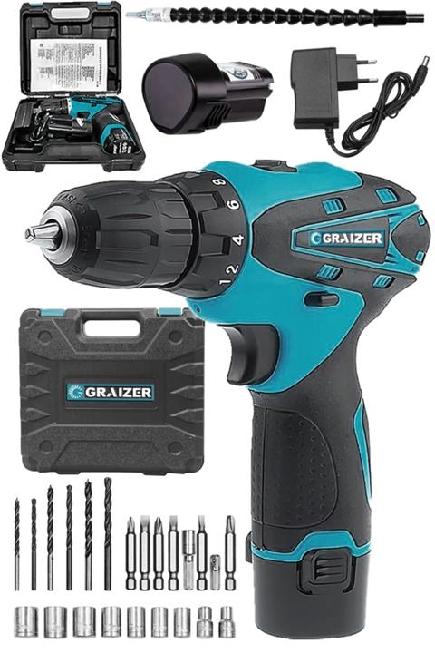 Graizer Alman 20 V 3 Ah Sjs Çift Metal Şanzuman Çift Akülü Şarjlı Vidalama Matkap + 24 Parça Set Mavi Ar