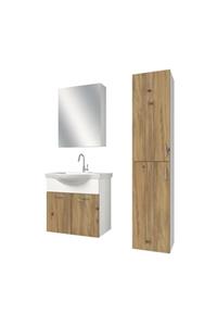 banos Tm2 Ayaksız 2 Kapaklı Lavabolu Ceviz Mdf 65 Cm Banyo Dolabı Aynalı Üst Dolap Boy Dolabı