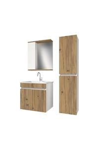 banos Kt3 Ayaksız 2 Kapaklı Lavabolu Ceviz Beyaz Mdf 65 Cm Banyo Dolabı Aynalı Üst Dolap Boy Dolabı