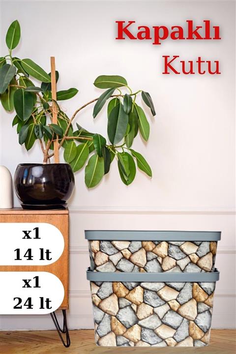 Nandy Home Oyuncak & Düzenleyici Kapaklı Saklama Kutusu Taş Duvar 1 Adet 24 Lt, 1 Adet 14 Lt Set