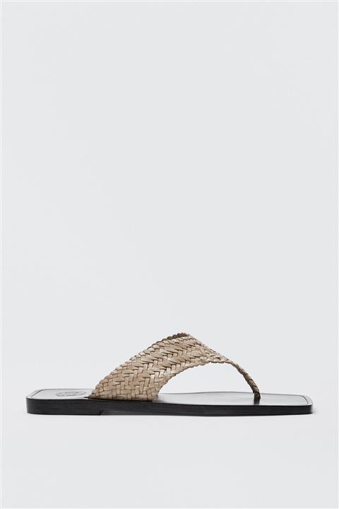 Massimo Dutti Kadın Bej Örgü Deri Sandalet 11792850