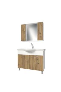 banos Kl5 Metal Ayaklı 2 Kapaklı Lavabolu Ceviz Beyaz Mdf 100 Cm Banyo Dolabı Aynalı Üst Dolabı