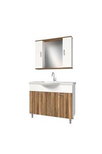 banos Kl1 Metal Ayaklı 2 Kapaklı Lavabolu Tesbih Beyaz Mdf 100 Cm Banyo Dolabı Aynalı Üst Dolabı