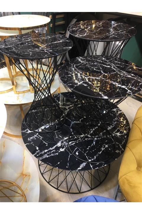 BMS TASARIM ATÖLYESİ Zigon Sehpa Ve Orta Sehpa Siyah Mermer Desenli