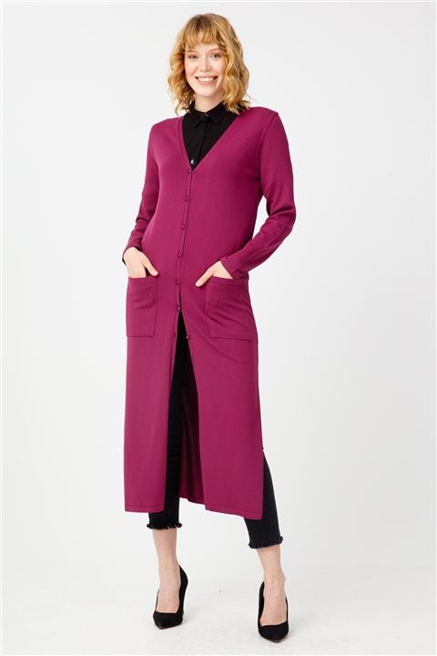 Tığ Triko Cepli Yırtmaçlı Uzun Rayon Hırka Vişne