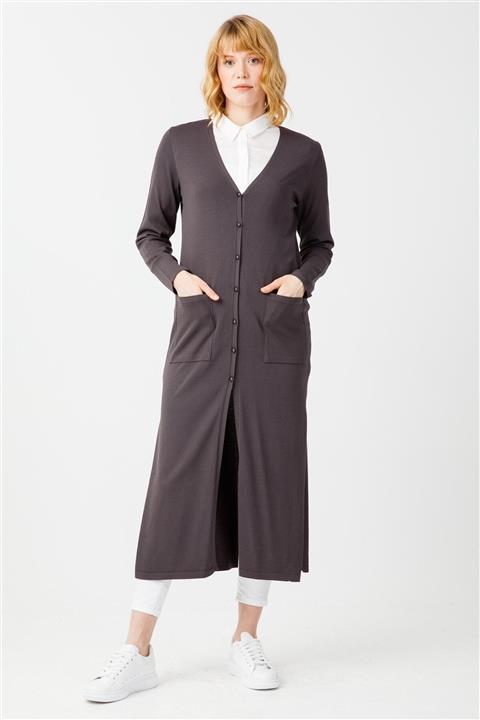 Tığ Triko Cepli Yırtmaçlı Uzun Rayon Hırka Antrasit