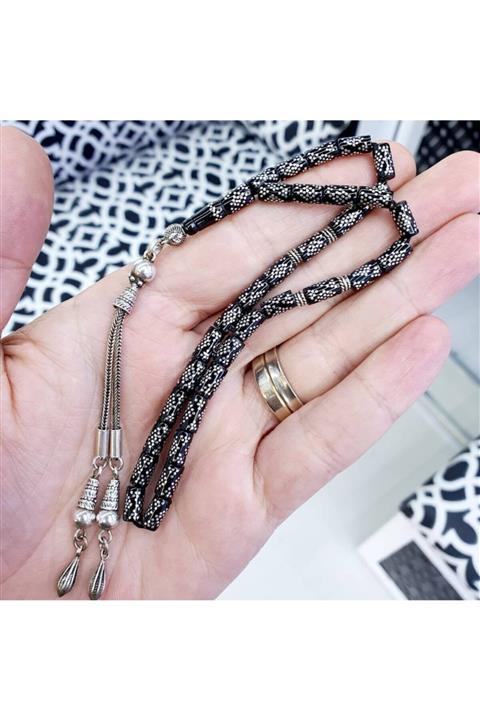 Efe Oltu Taşı Gümüş Tesbih Takı Kesme Model 1000 Ayar Yoğun Gümüş Işlemeli Hakiki Oltu Taşı Tesbih