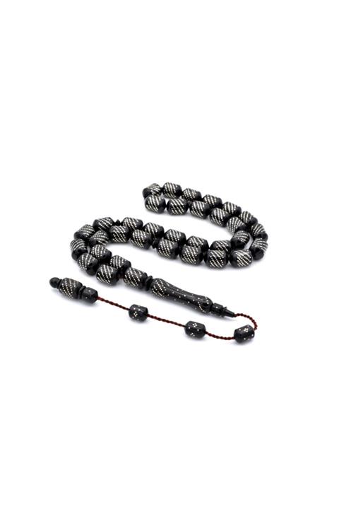 Murty99 Doğal Taş Erkek Usta Işi Fıçı Kesim  Işlemeli Siyah Kuka Tesbih Iri Boy