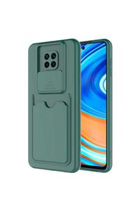 Xiaomi Redmi Note 9 Pro Uyumlu Kılıf Kartlıklı Sürgülü Kamera Korumalı Silikon Yeşil + Temperli Cam