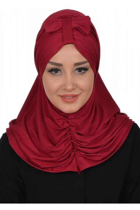 Biriz Moda Fiyonklu Bone Fular Set Bordo