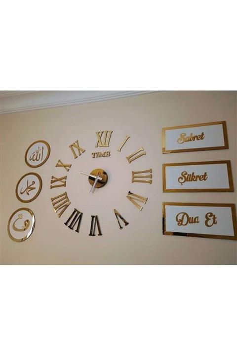 Prestijdijitalbaskı Gold Pleksi+beyaz Mdf Komple Set - Sabret, Şükret, Dua Et, Gold Pleksi Duvar Saati