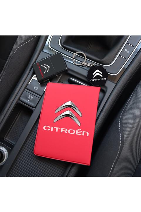 MaveraShop Özel Tasarım Citroen Logolu Kırmızı Ruhsat Kılıfı, Çakmak Ve Anahtarlık