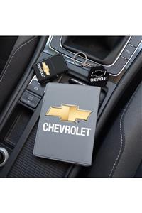 MaveraShop Özel Tasarım Chevrolet Logolu Gri Ruhsat Kılıfı, Çakmak Ve Anahtarlık