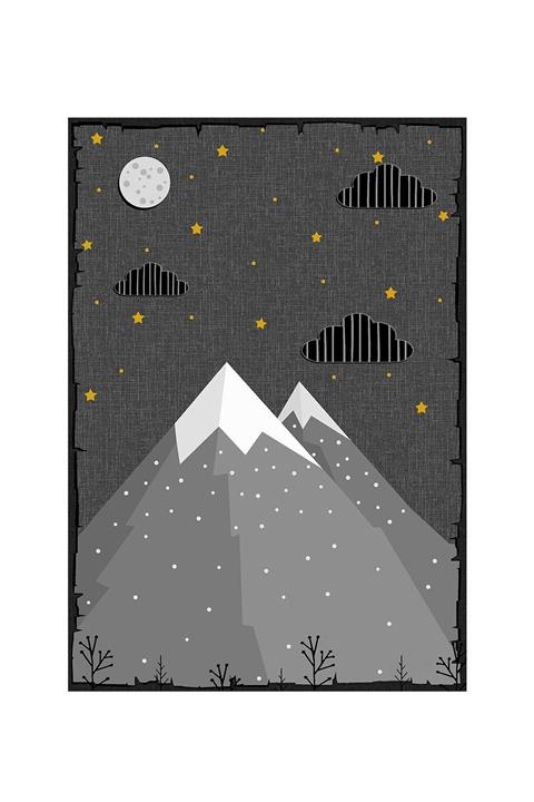 CİCİ TASARIM ÜRÜNLERİ İnce Keçe Kaymaz Tabanlı Dekoratif Bebek Çocuk Odası Halısı Iskandinav Dağlar Yıldızlar 5mm