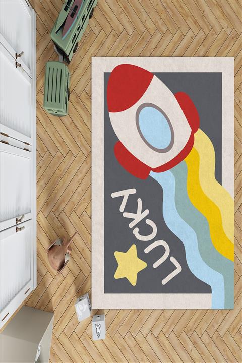 Grey Home Kaymaz Dijital Baskılı Roket Desenli Lucy Yazılı Çocuk Halısı Gr9005