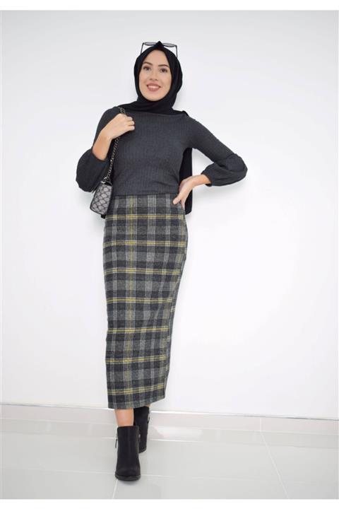 Moda Çizgi Tesettür Bluz Etek Kombin Hardal - 8346