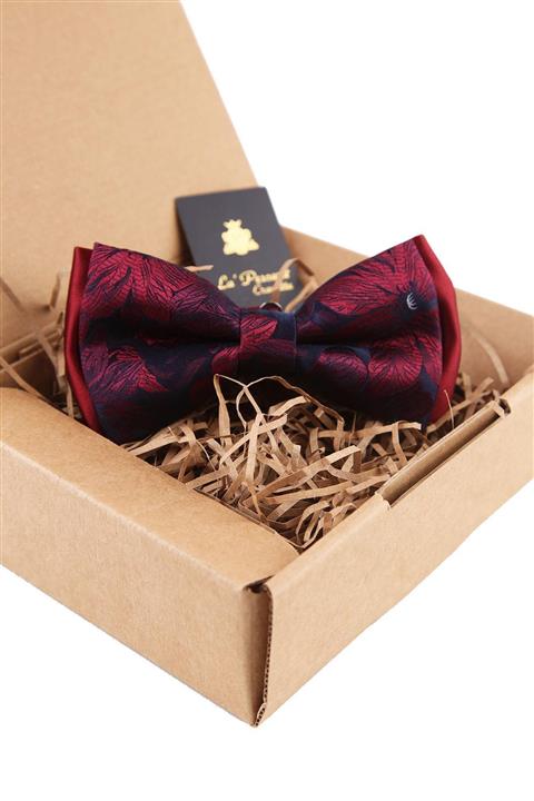 Kravatkolik Lacivert - Bordo Çiçek Desen Papyon P1639