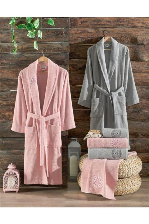 zige Pembe Çoklu Aile Bornoz Seti
