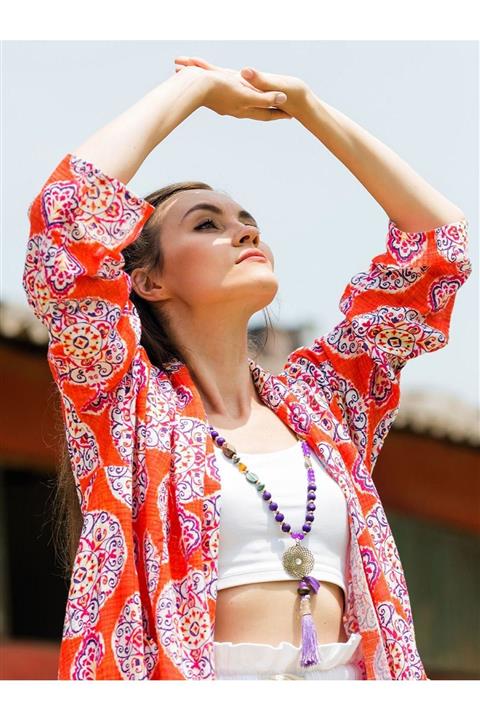 Gils Butik Çini Desenli Turuncu Kaftan