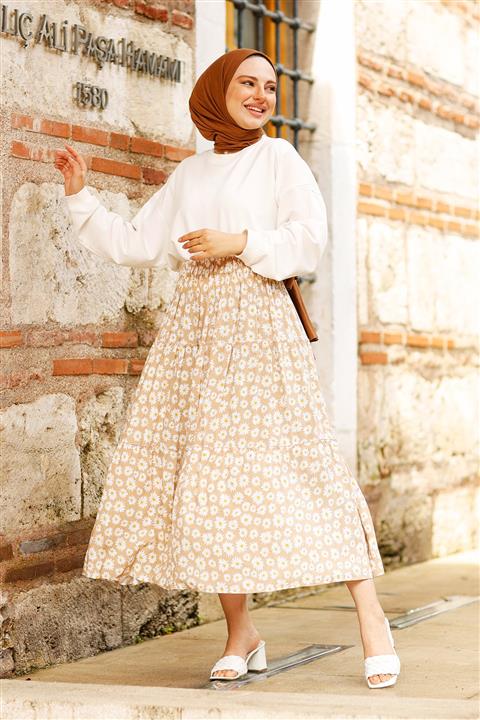 saretex Papatya Desen Etek Camel