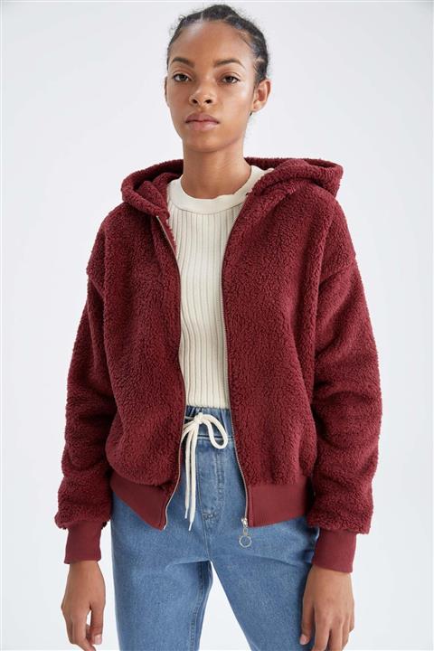 DeFacto Loose Fit Kapüşonlu Fermuarlı Uzun Kollu Pelüş Hırka