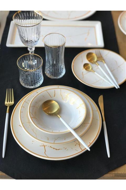 ROSSEV Beyaz Mermer Desen 24 Parça 6 Kişilik Yemek Takımı