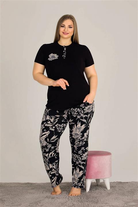 Nil İç Giyim Siyah Büyük Beden Çiçek Desen Pijama Takımı